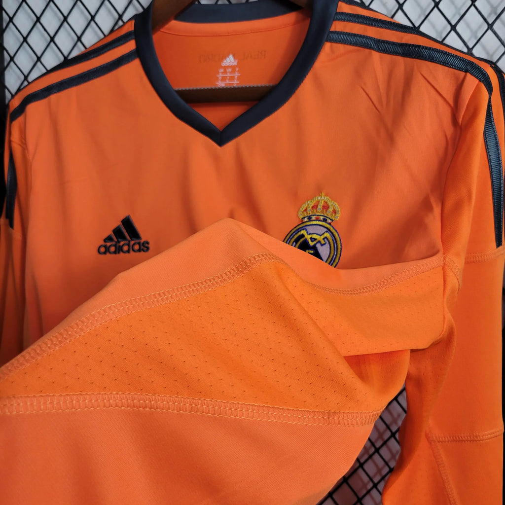 2013/14 Real Madrid Retro Away Orange Long Sleeve Jersey UCL Patch Personalized