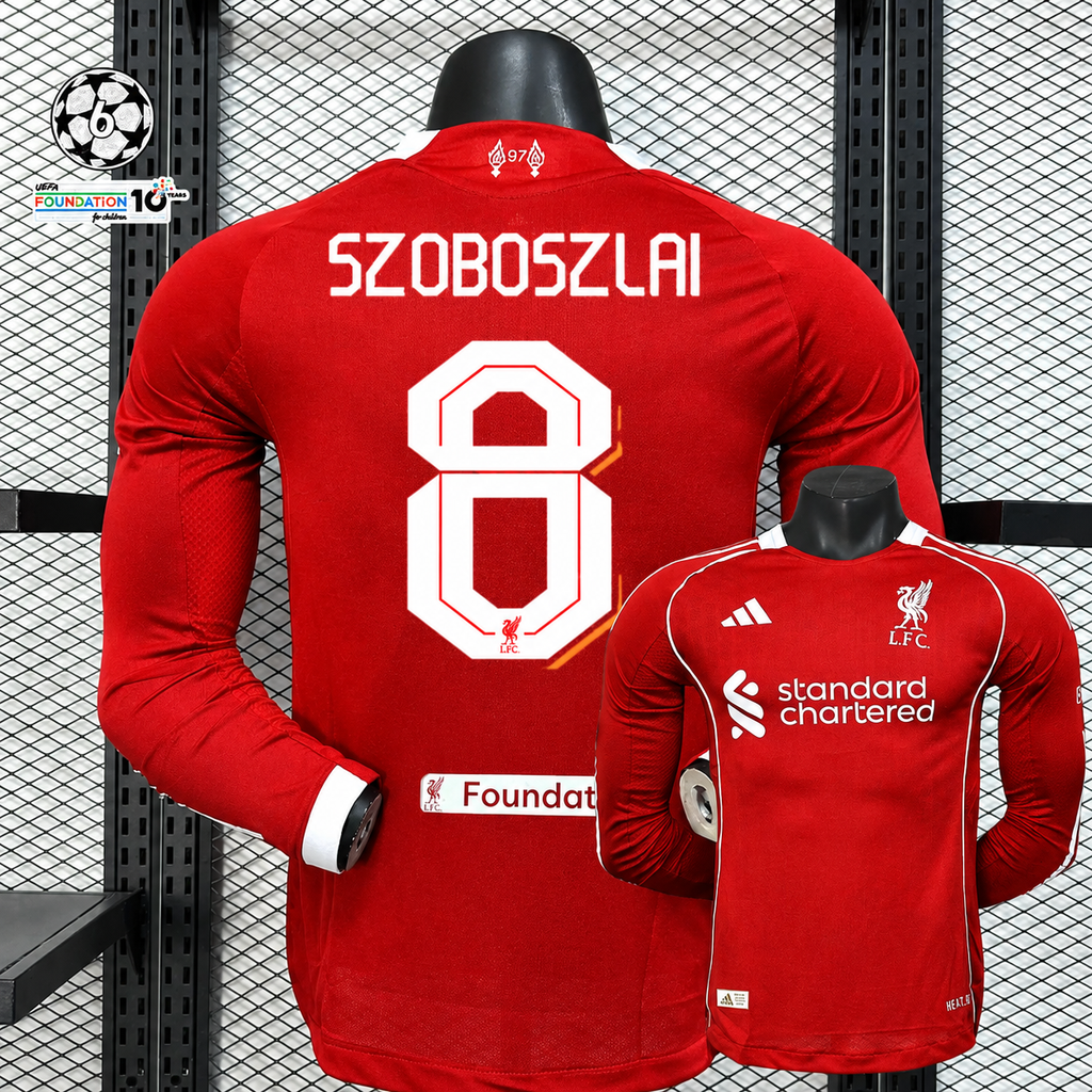 Maillot de foot domicile à manches longues Liverpool 2025/26 UCL No.8 Szoboszlai – Maillot édition match unisexe S–2XL