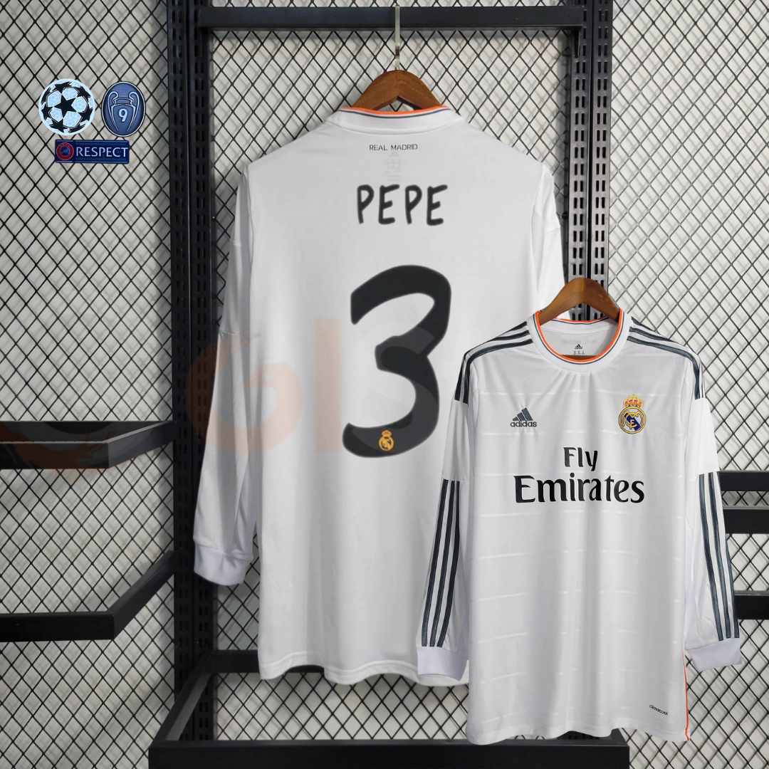 2013/14 Real Madrid Retro Home Jersey Long Sleeve #3 Pepe UCL Personalized