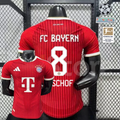 Red Bayern Munich short-sleeve home jersey, front and back views, with white trim and BISCHOF number 8 on the back