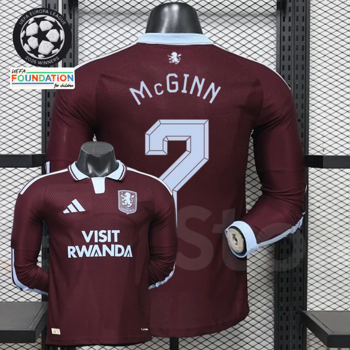 Front and back views of a claret Aston Villa long-sleeve jersey with a light blue collar, light blue McGinn number 7 print and Visit Rwanda sponsor.