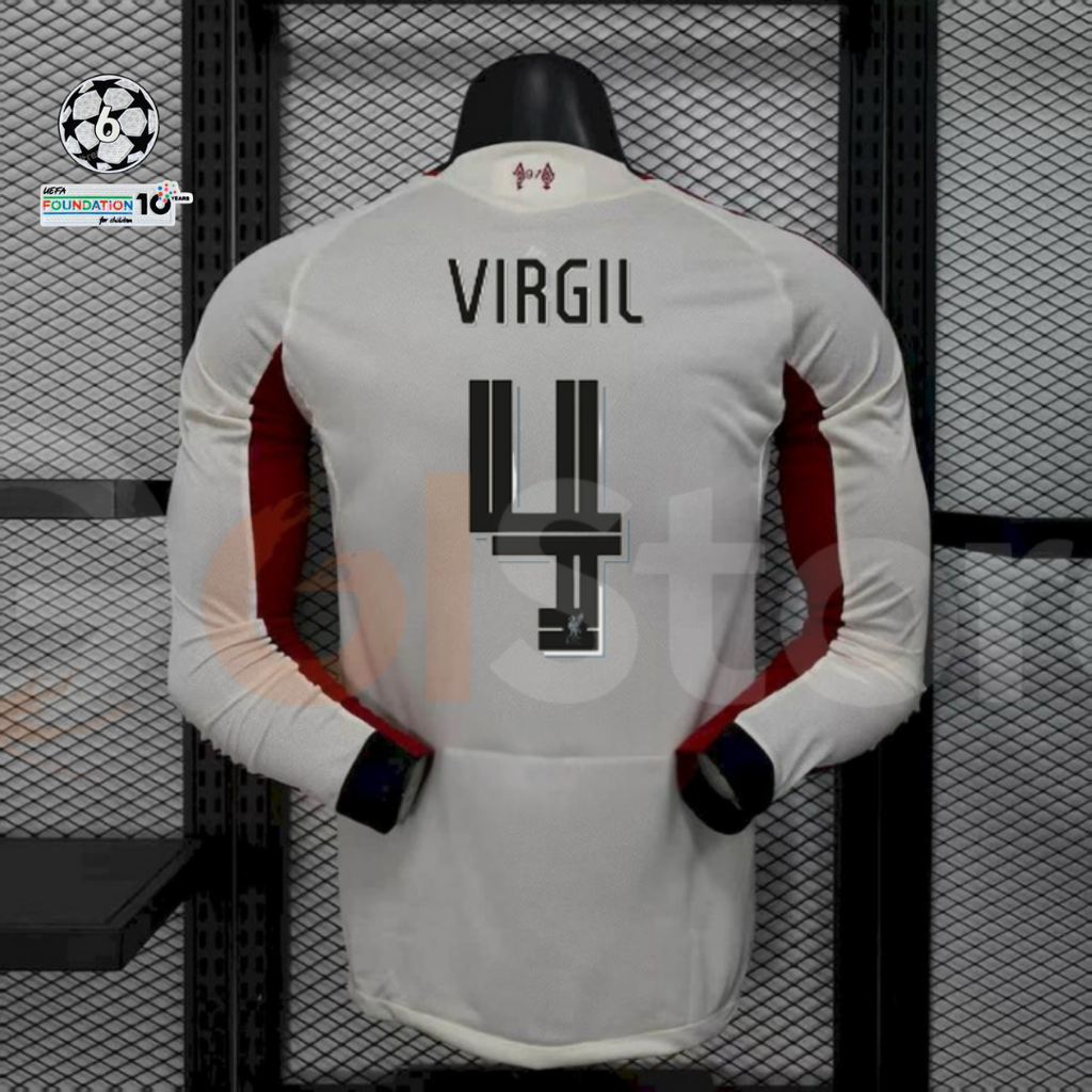 2025-2026 Liverpool Player Version White Long Sleeve Jersey #4 Van Dijk Personalized UCL Patch