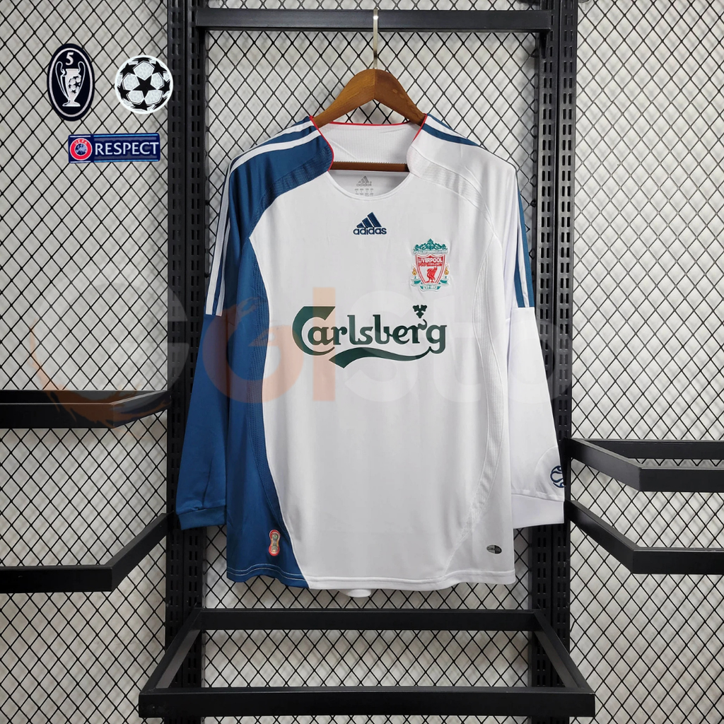 2006-2007 Liverpool Retro White Away Long Sleeve Jersey Personalized PL UCL Patch
