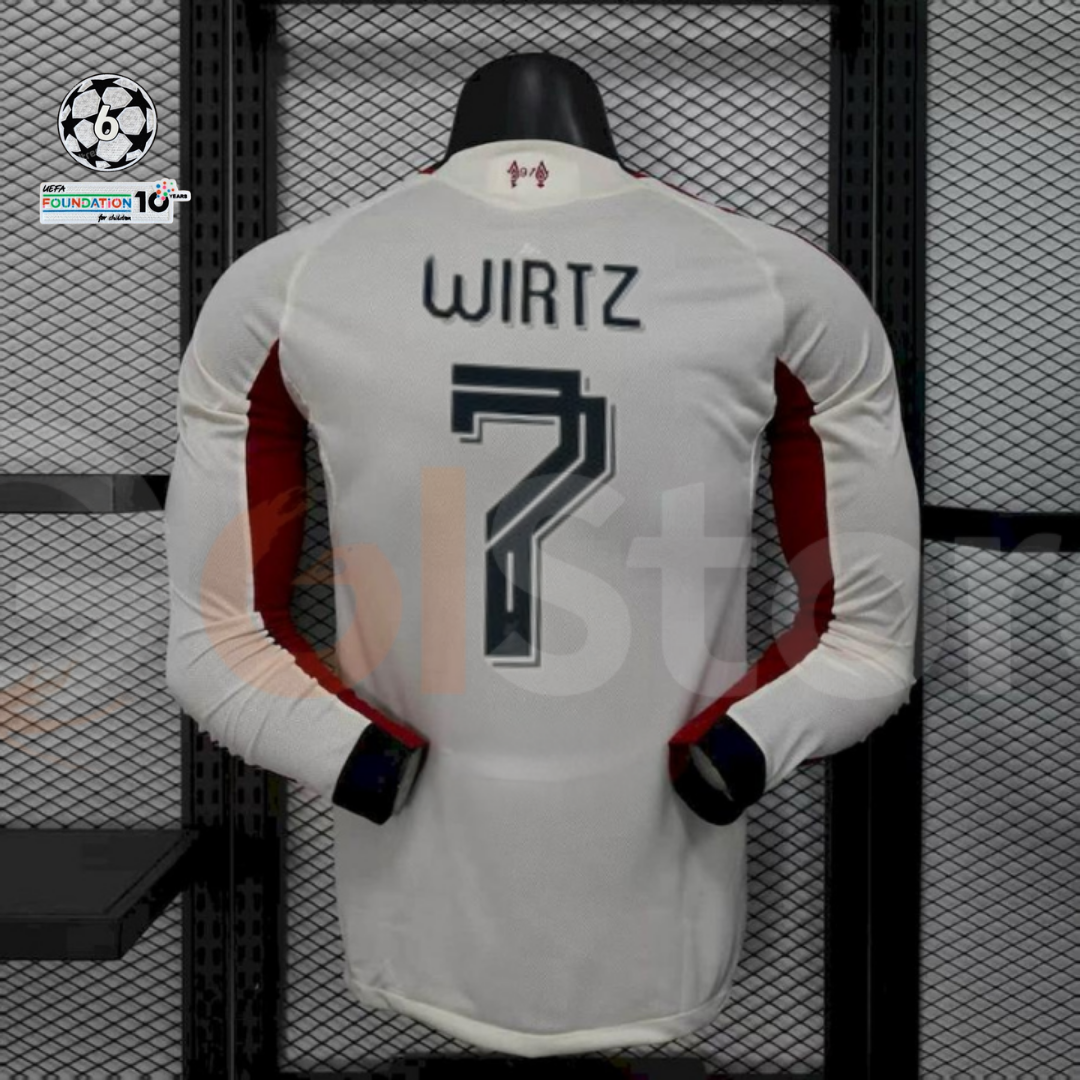 2025-2026 Liverpool Player Version White Long Sleeve Jersey #7 Wirtz Personalized UCL Patch
