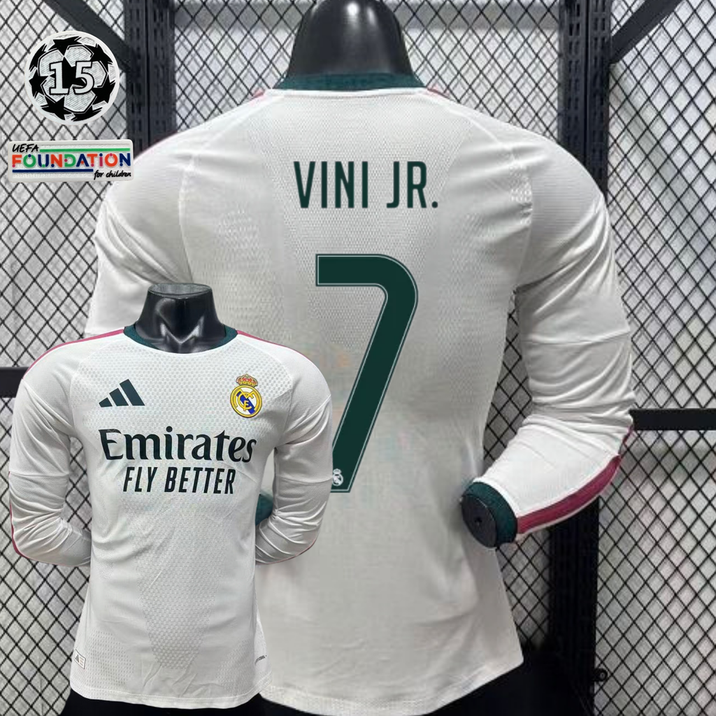 2026/27 Real Madrid Player Version Home Long Sleeve White Jersey #7 Vinicius Jr Personalized