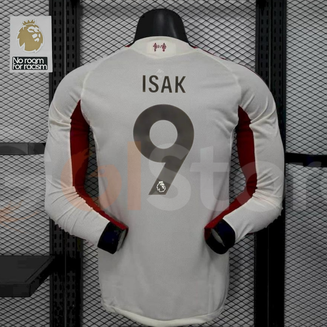 2025-2026 Liverpool Player Version White Long Sleeve Jersey #9 Isak Personalized PL Patch