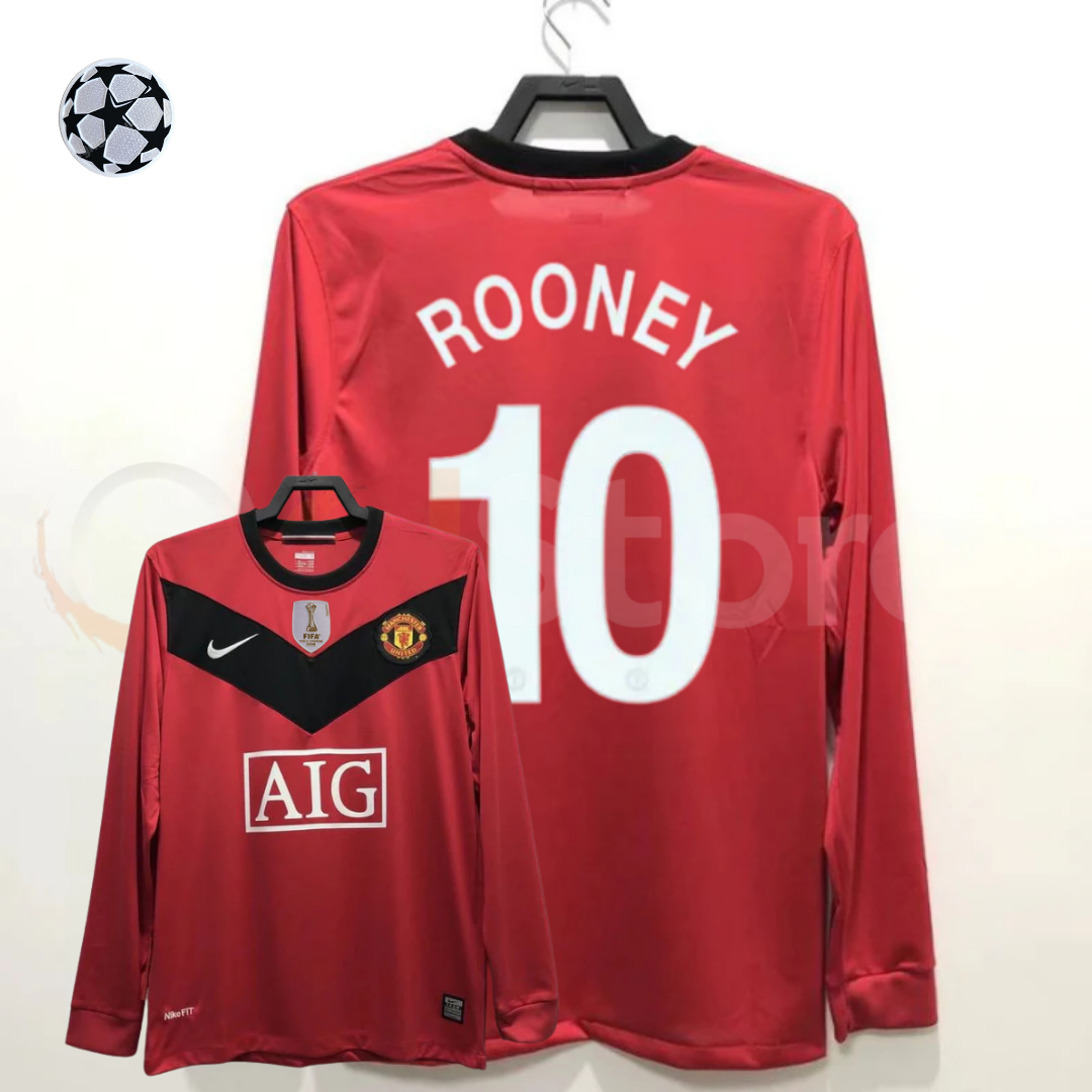 Manchester United 2010 Retro Home Long Sleeve Jersey #10 Rooney UCL Patch Personalized Rare