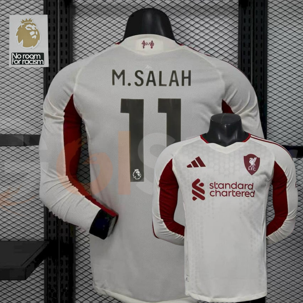 2025-2026 Liverpool Player Version White Long Sleeve Jersey #11 Salah Personalized PL Patch