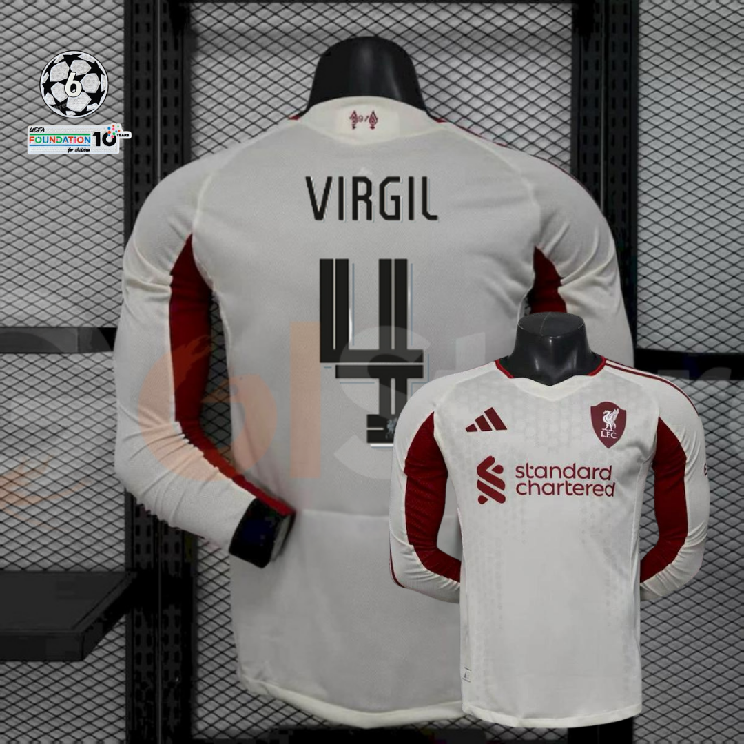2025-2026 Liverpool Player Version White Long Sleeve Jersey #4 Van Dijk Personalized UCL Patch