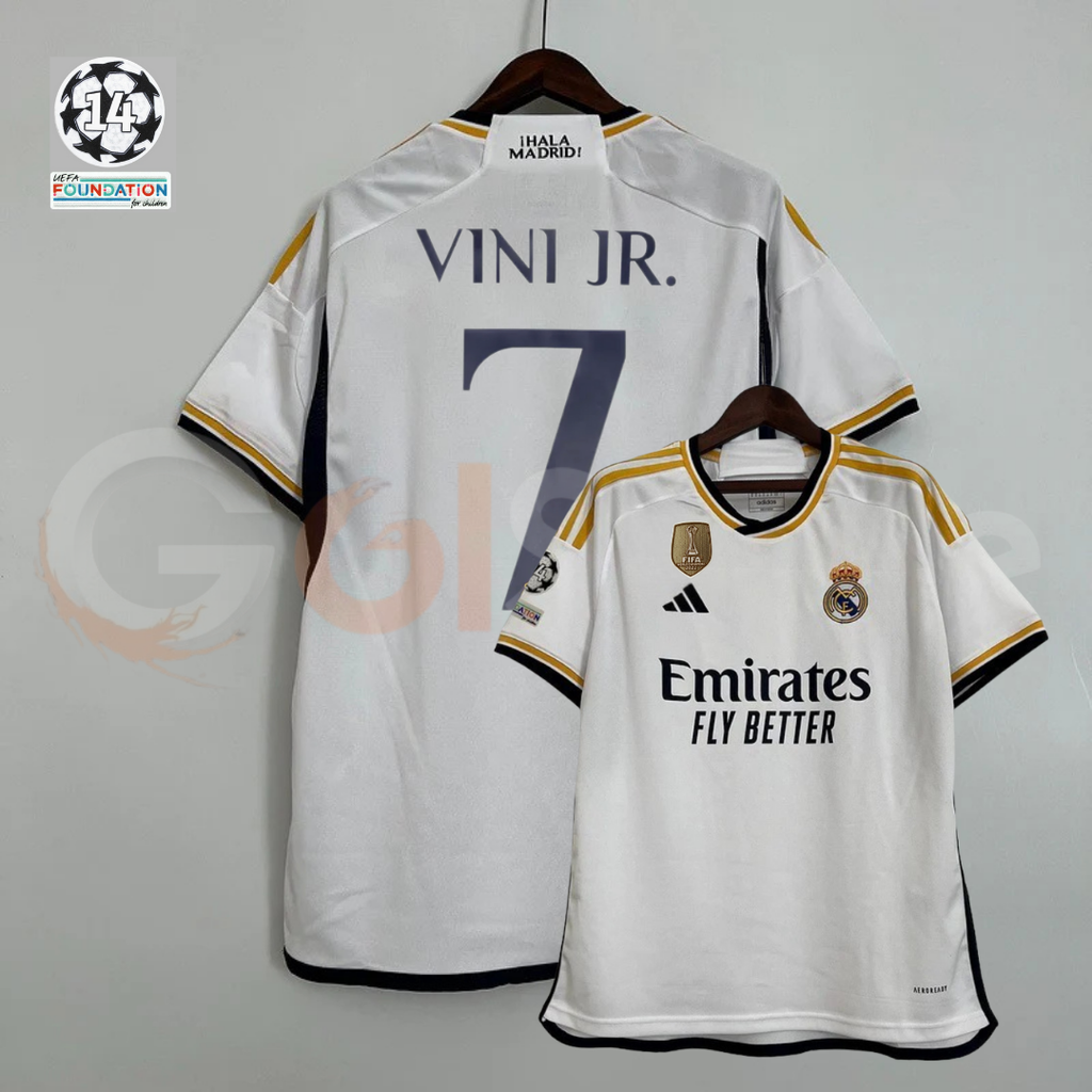 2023/24 Real Madrid Player Version Home White Jersey #7 Vinicius Jr UCL Personalized