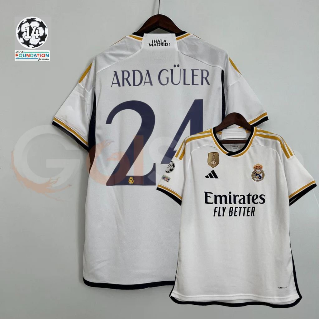 2023/24 Real Madrid Player Version Home White Jersey #24 Arda Guler UCL Personalized
