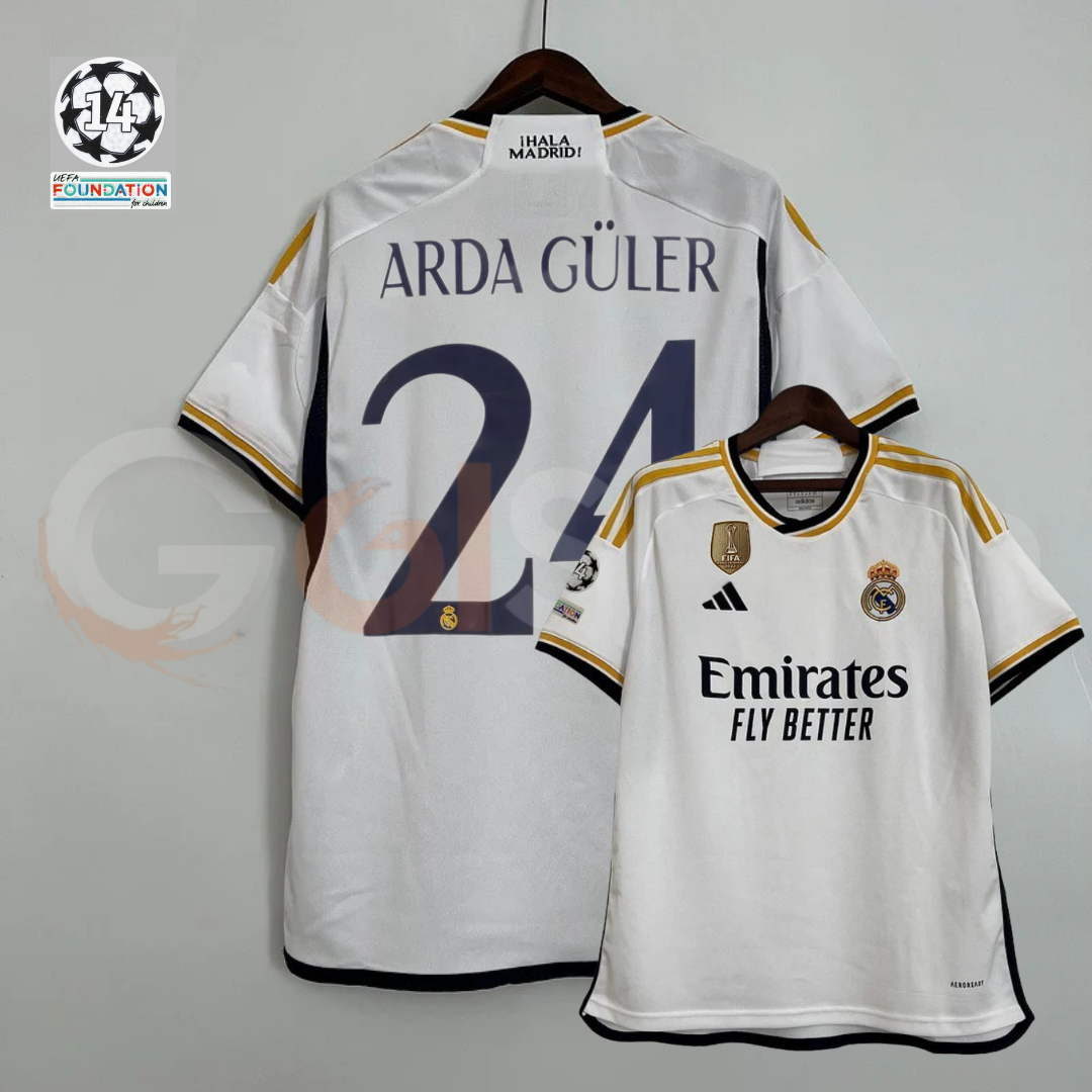 2023/24 Real Madrid Player Version Home White Jersey #24 Arda Guler UCL Personalized