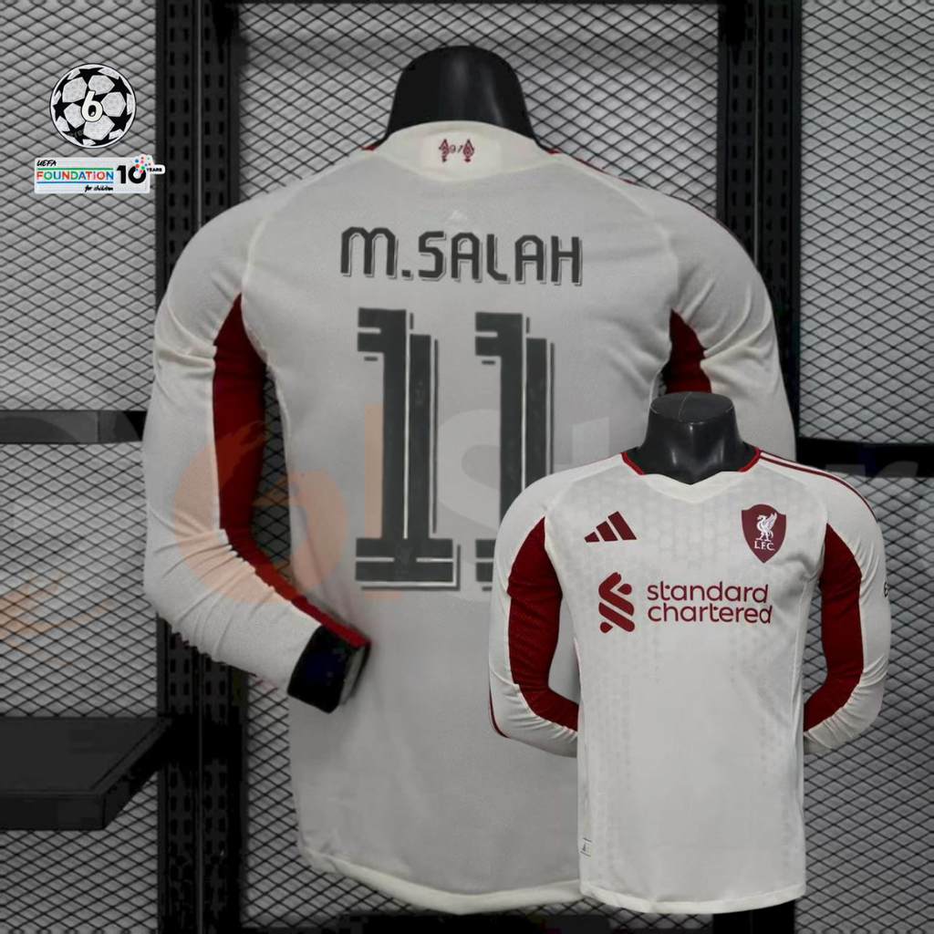 2025-2026 Liverpool Player Version White Long Sleeve Jersey #11 Salah Personalized UCL Patch