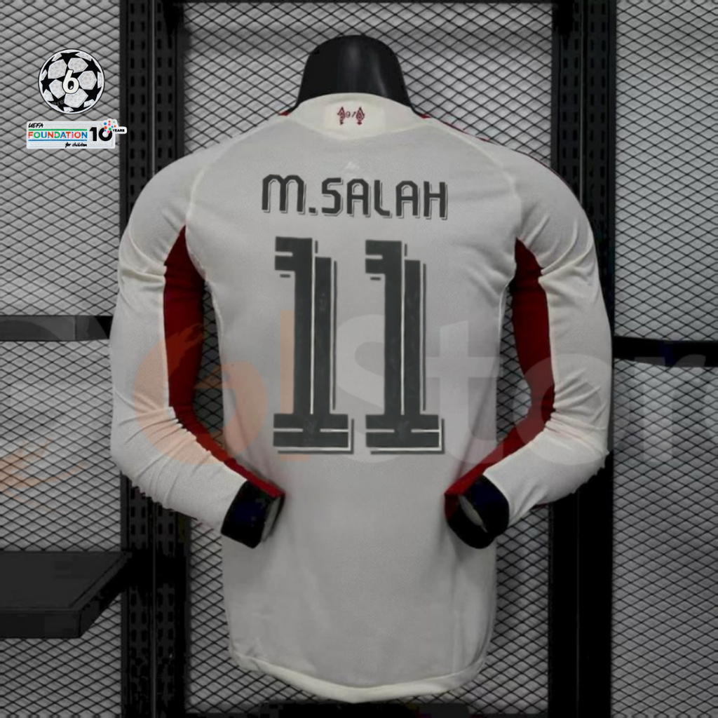 2025-2026 Liverpool Player Version White Long Sleeve Jersey #11 Salah Personalized UCL Patch