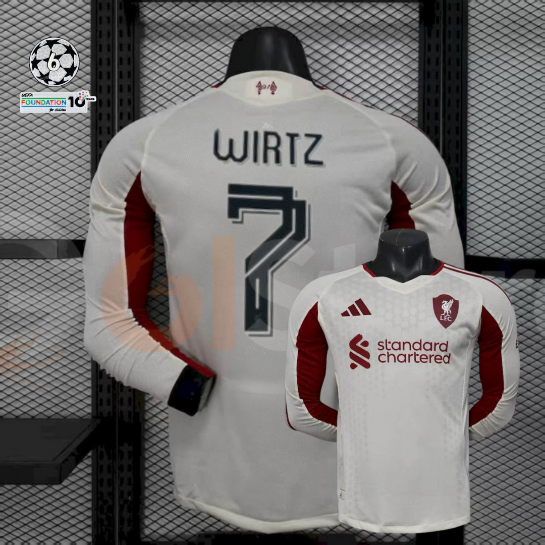 2025-2026 Liverpool Player Version White Long Sleeve Jersey #7 Wirtz Personalized UCL Patch