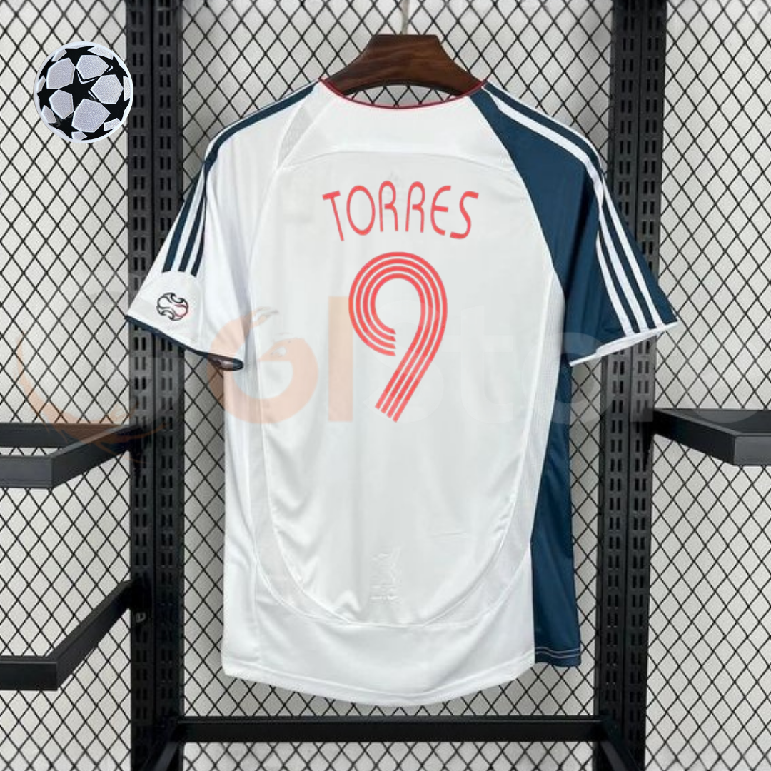 2006-2007 Liverpool Retro White Away Short Sleeve Jersey #9 Torres Personalized UCL Patch