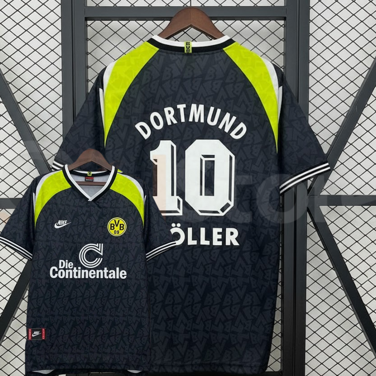 Borussia Dortmund black retro jersey with neon yellow shoulders, front and back views, white Dortmund lettering and number 10, with the Möller name partly obscured.
