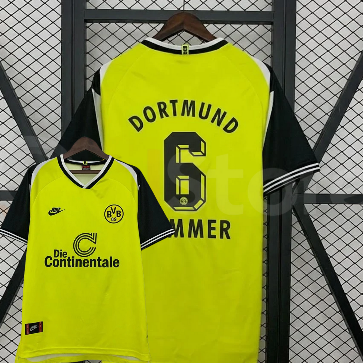 Borussia Dortmund yellow and black short-sleeve retro home jersey, front and back views with Dortmund lettering, number 6 and partially obscured Sammer name.
