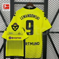 Borussia Dortmund yellow retro jersey, front and back views with Lewandowski 9 print, black square pattern and Evonik sponsor, alongside a Bundesliga logo graphic.
