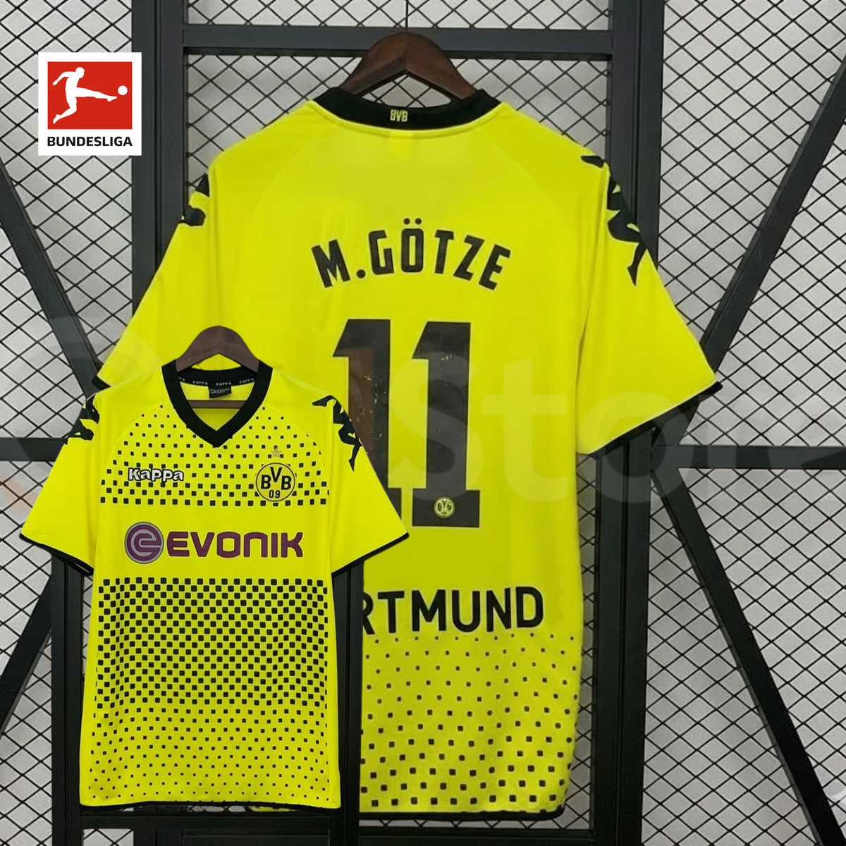 Borussia Dortmund yellow retro jersey, front and back views with M. Götze 11 print, black square pattern and Evonik sponsor, alongside a Bundesliga logo graphic.
