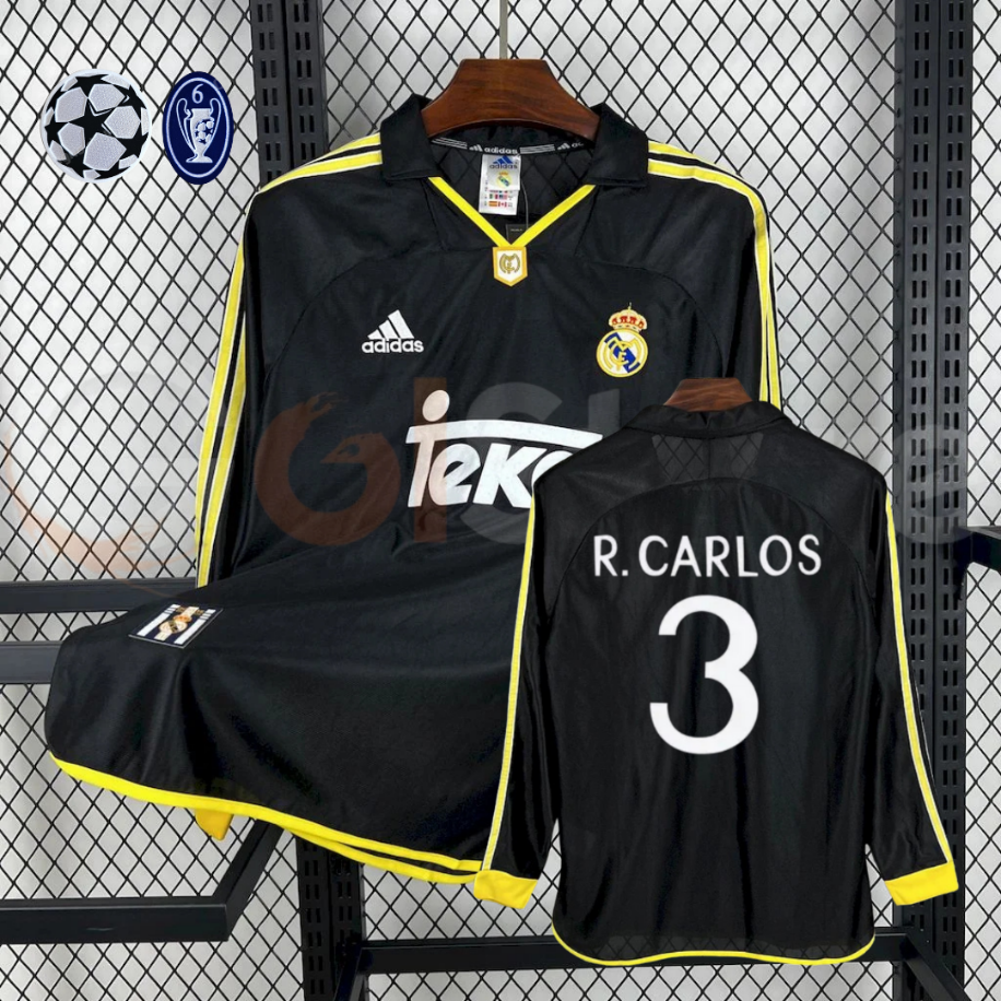 Real Madrid 1998 1999 Retro Black UEFA Champions League Roberto Carlos 3 Long Sleeve Football Jersey