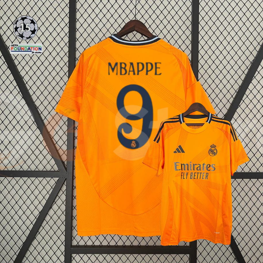 Real Madrid 2024-25 UCL Third Jersey #9 Kylian Mbappé – Orange Champions League Short Sleeve Football Shirt
