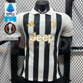 Juventus black and white striped short-sleeve jersey with a white polo collar, gold logo details and Jeep sponsor, alongside Serie A and Europa League graphics.
