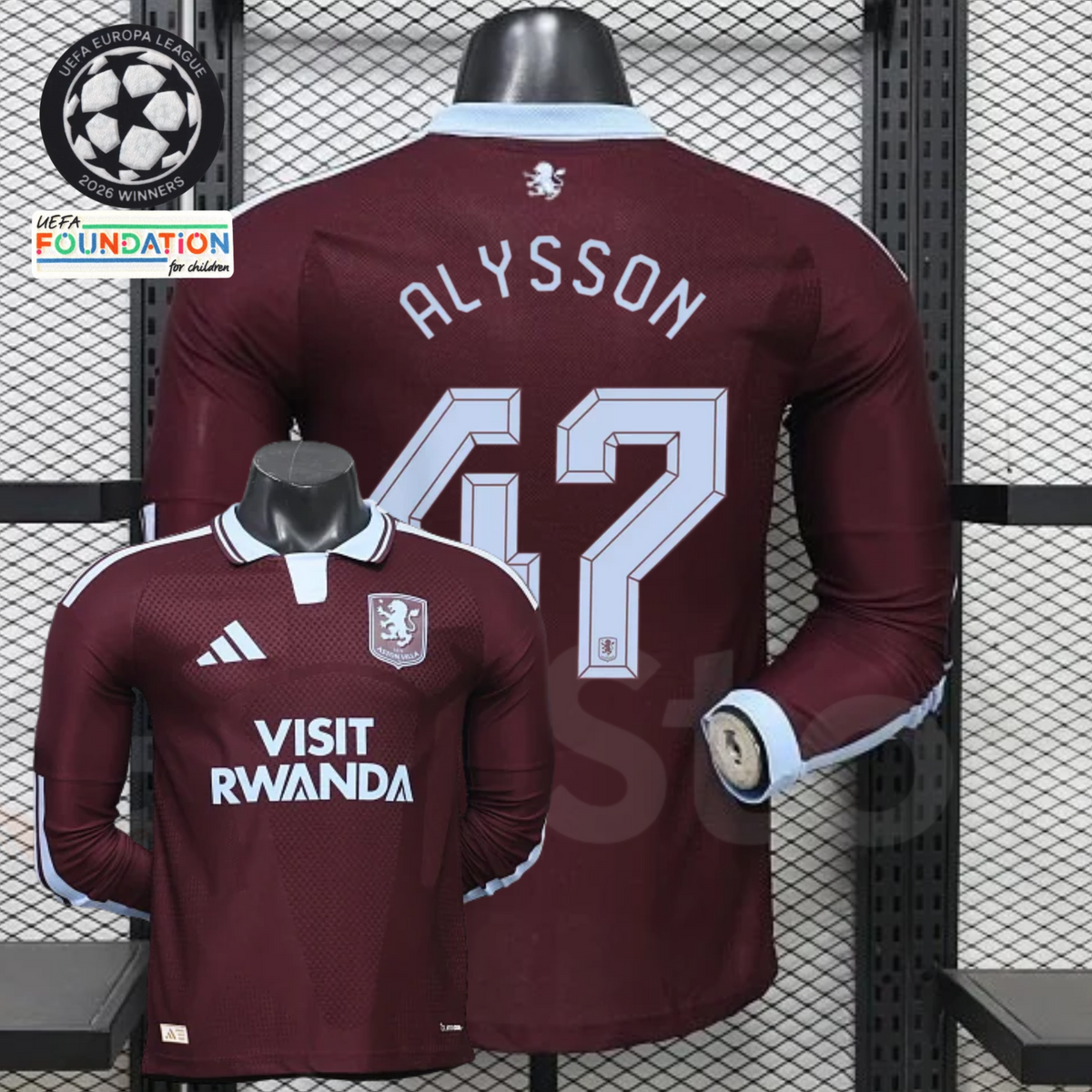 Front and back views of a claret Aston Villa long-sleeve jersey with a light blue collar, light blue Alysson number 47 print and Visit Rwanda sponsor.