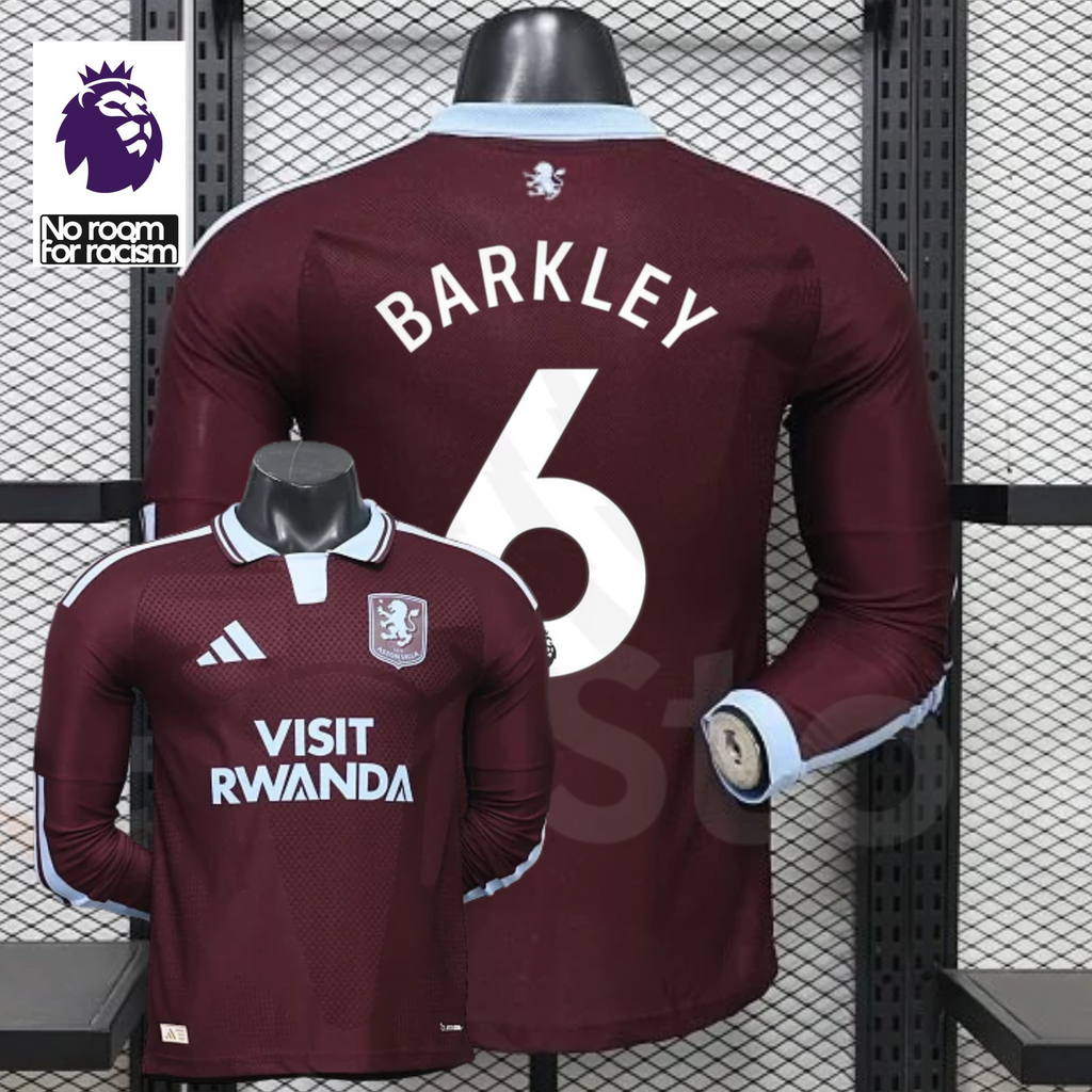 Front and back views of a claret Aston Villa long-sleeve jersey with a light blue collar, white Barkley number 6 print and Visit Rwanda sponsor, alongside Premier League graphics.