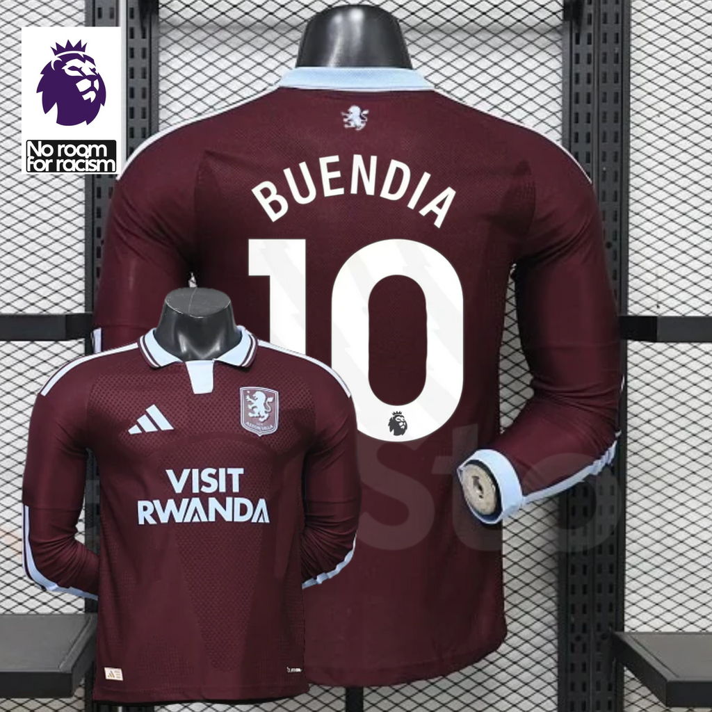 Front and back views of a claret Aston Villa long-sleeve jersey with a light blue collar, white Buendia number 10 print and Visit Rwanda sponsor, alongside Premier League graphics.
