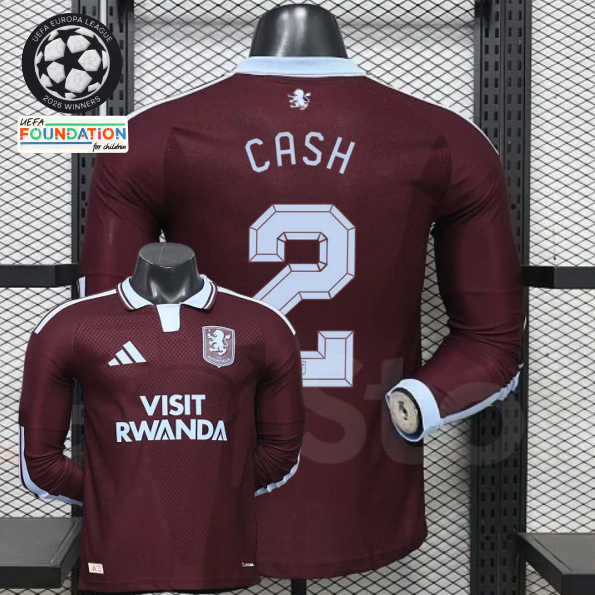 Front and back views of a claret Aston Villa long-sleeve jersey with a light blue collar, light blue Cash number 2 print and Visit Rwanda sponsor.