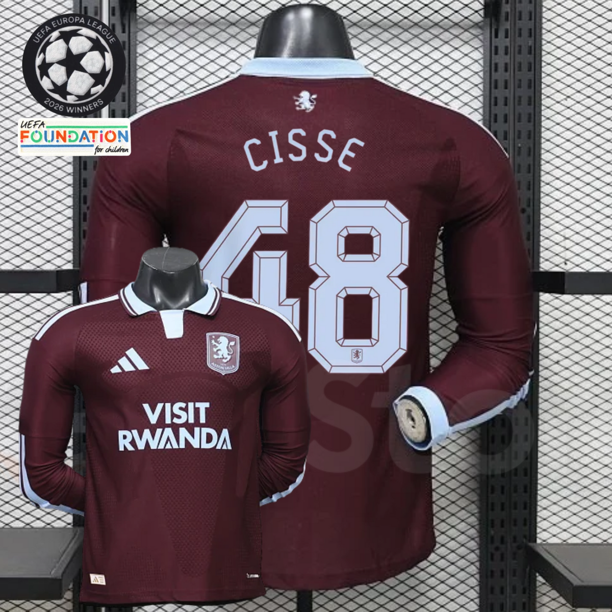  Front and back views of a claret Aston Villa long-sleeve jersey with a light blue collar, light blue Cisse number 48 print and Visit Rwanda sponsor.