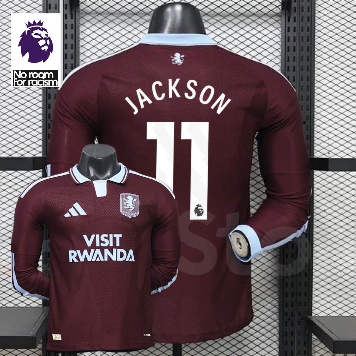Front and back views of a claret Aston Villa long-sleeve jersey with a light blue collar, white Jackson number 11 print and Visit Rwanda sponsor, alongside Premier League graphics.