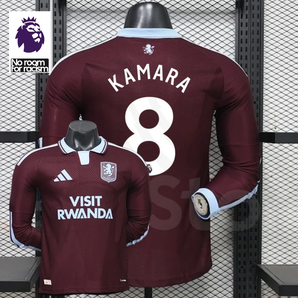 Front and back views of a claret Aston Villa long-sleeve jersey with a light blue collar, white Kamara number 8 print and Visit Rwanda sponsor, alongside Premier League graphics.