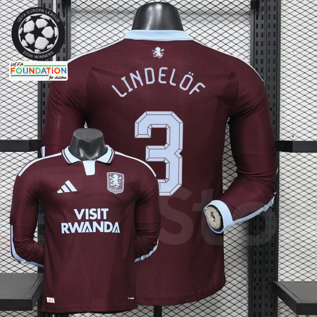Front and back views of a claret Aston Villa long-sleeve jersey with a light blue collar, light blue Lindelöf number 3 print and Visit Rwanda sponsor.
