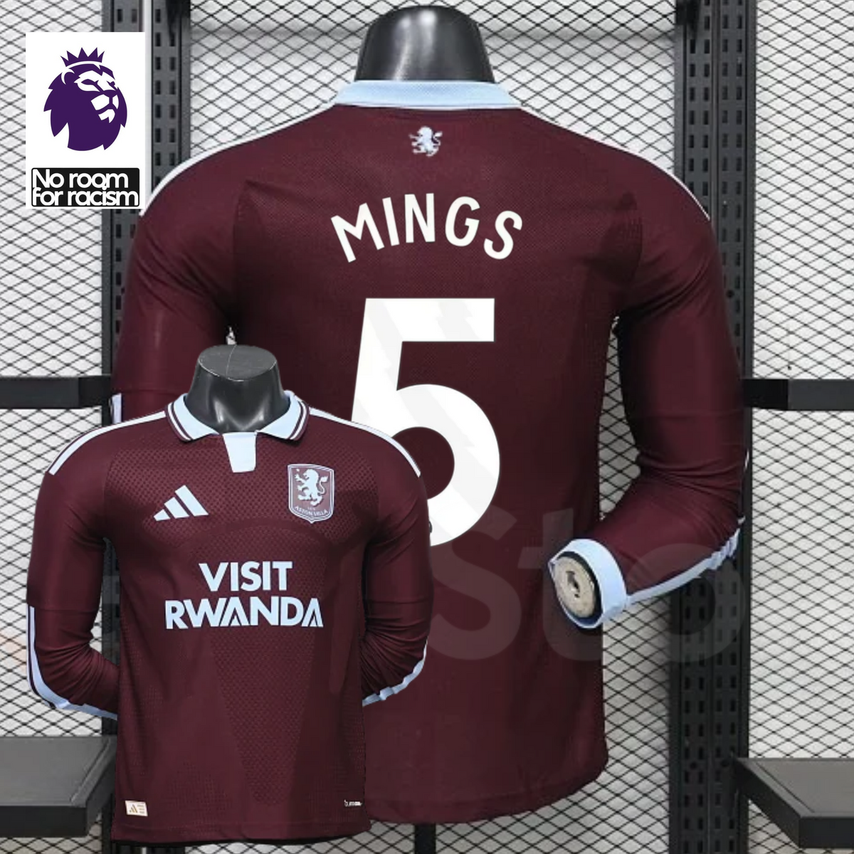 Front and back views of a claret Aston Villa long-sleeve jersey with a light blue collar, white Mings number 5 print and Visit Rwanda sponsor, alongside Premier League graphics.