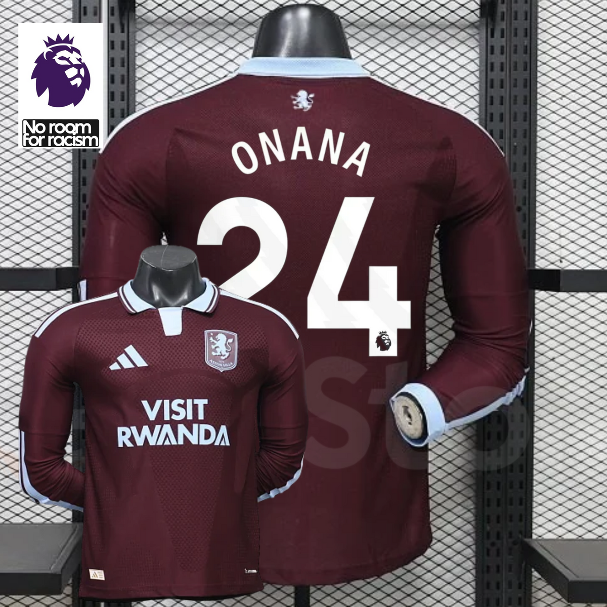 Front and back views of a claret Aston Villa long-sleeve jersey with a light blue collar, white Onana number 24 print and Visit Rwanda sponsor, alongside Premier League graphics.