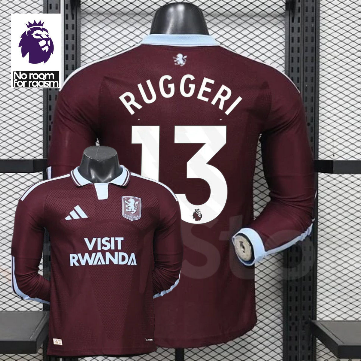 Front and back views of a claret Aston Villa long-sleeve jersey with a light blue collar, white Ruggeri number 13 print and Visit Rwanda sponsor, alongside Premier League graphics.