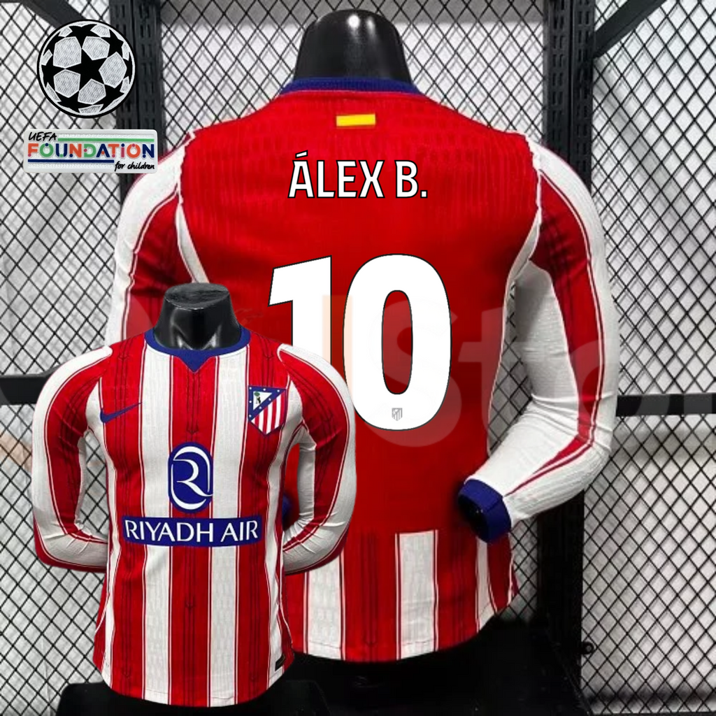 Front and back views of a red and white Atlético Madrid long-sleeve jersey with blue trim, white Álex B. number 10 print and Riyadh Air sponsor, alongside UCL graphics.