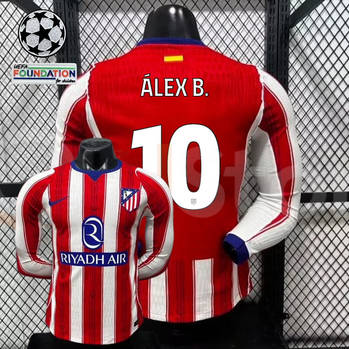 Front and back views of a red and white Atlético Madrid long-sleeve jersey with blue trim, white Álex B. number 10 print and Riyadh Air sponsor, alongside UCL graphics.
