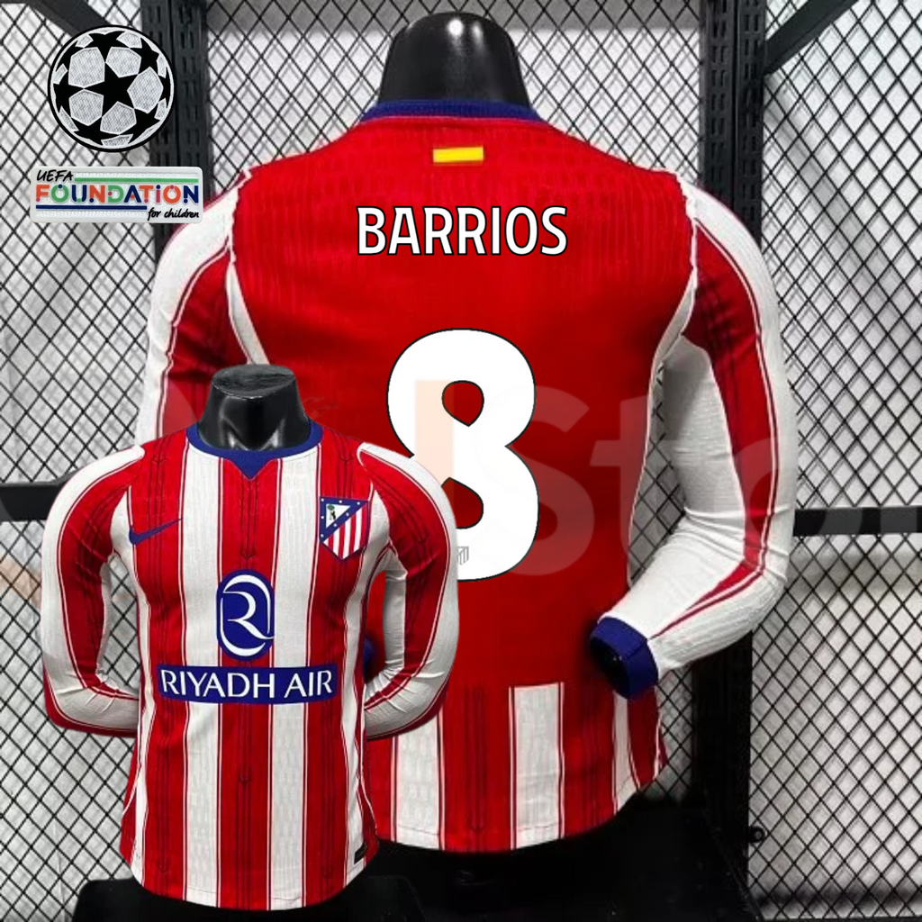  Front and back views of a red and white Atlético Madrid long-sleeve jersey with blue trim, white Barrios number 8 print and Riyadh Air sponsor, alongside UCL graphics.