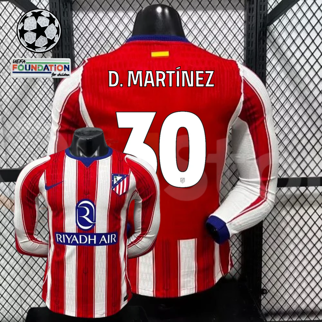  Front and back views of a red and white Atlético Madrid long-sleeve jersey with blue trim, white D. Martínez number 30 print and Riyadh Air sponsor, alongside UCL graphics.