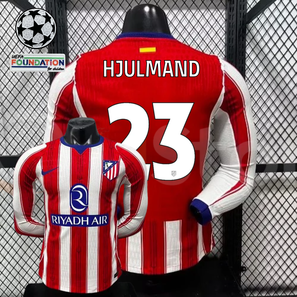 Front and back views of a red and white Atlético Madrid long-sleeve jersey with blue trim, white Hjulmand number 23 print and Riyadh Air sponsor, alongside UCL graphics.