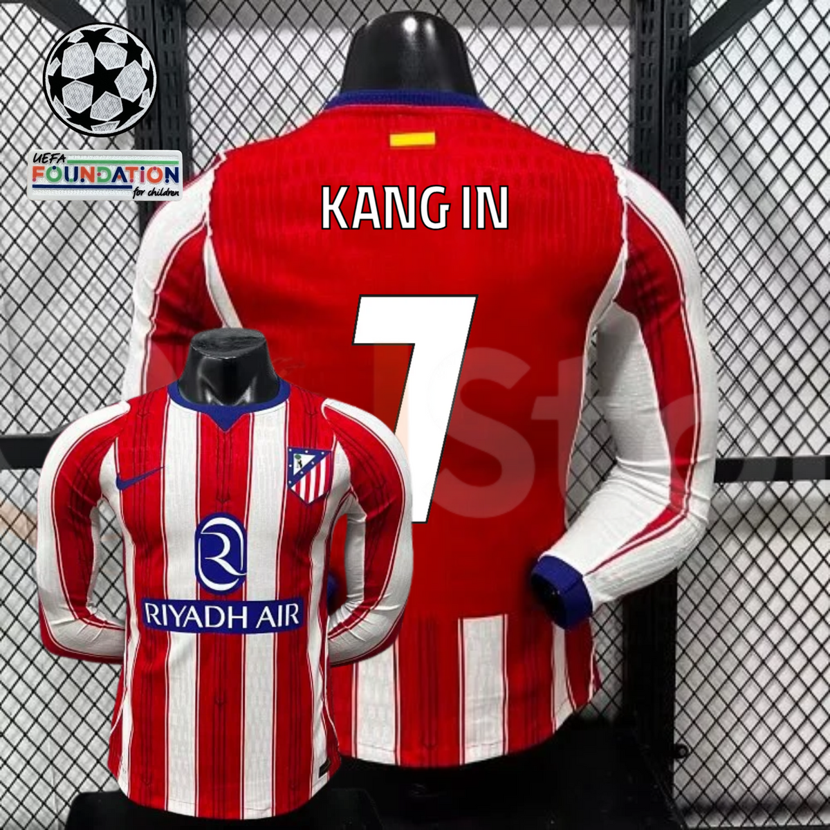 Front and back views of a red and white Atlético Madrid long-sleeve jersey with blue trim, white Kang In number 7 print and Riyadh Air sponsor, alongside UCL graphics.
