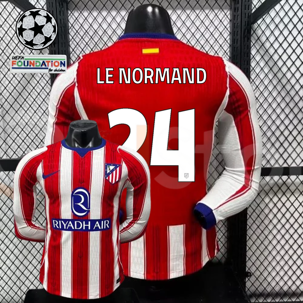  Front and back views of a red and white Atlético Madrid long-sleeve jersey with blue trim, white Le Normand number 24 print and Riyadh Air sponsor, alongside UCL graphics.