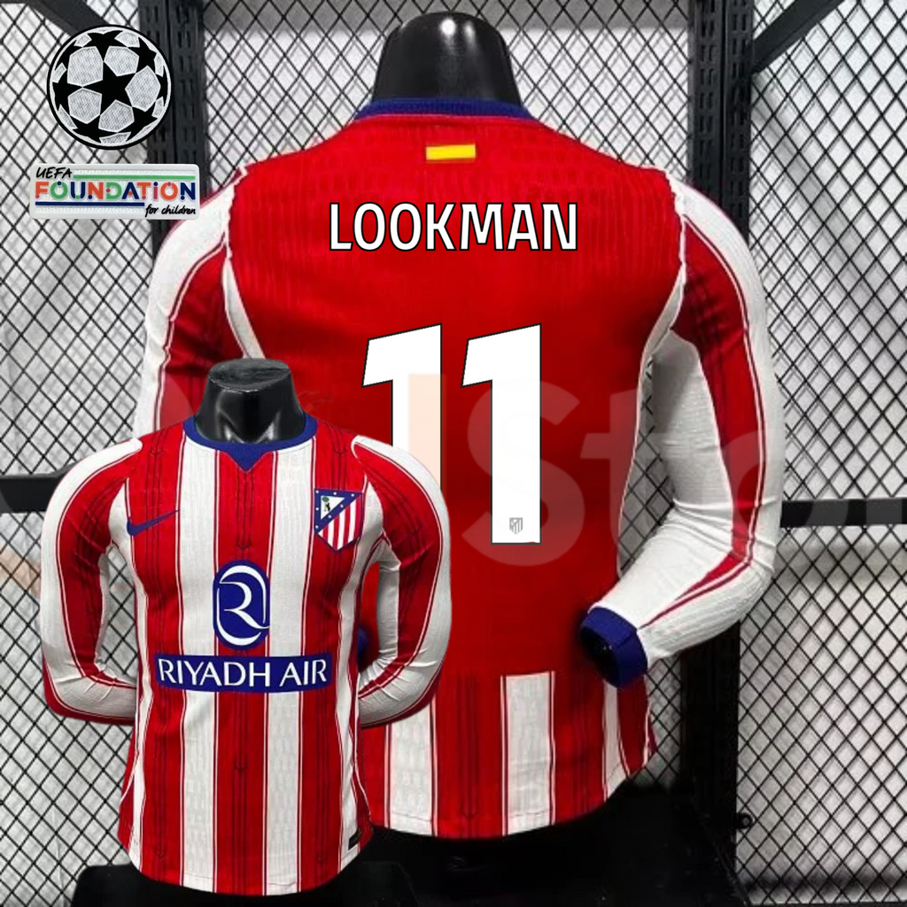 Front and back views of a red and white Atlético Madrid long-sleeve jersey with blue trim, white Lookman number 11 print and Riyadh Air sponsor, alongside UCL graphics.