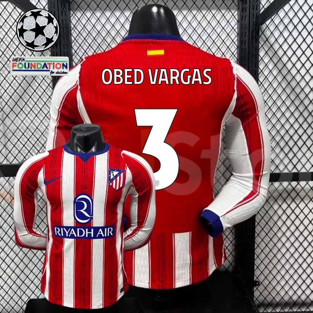 Front and back views of a red and white Atlético Madrid long-sleeve jersey with blue trim, white Obed Vargas number 3 print and Riyadh Air sponsor, alongside UCL graphics.
