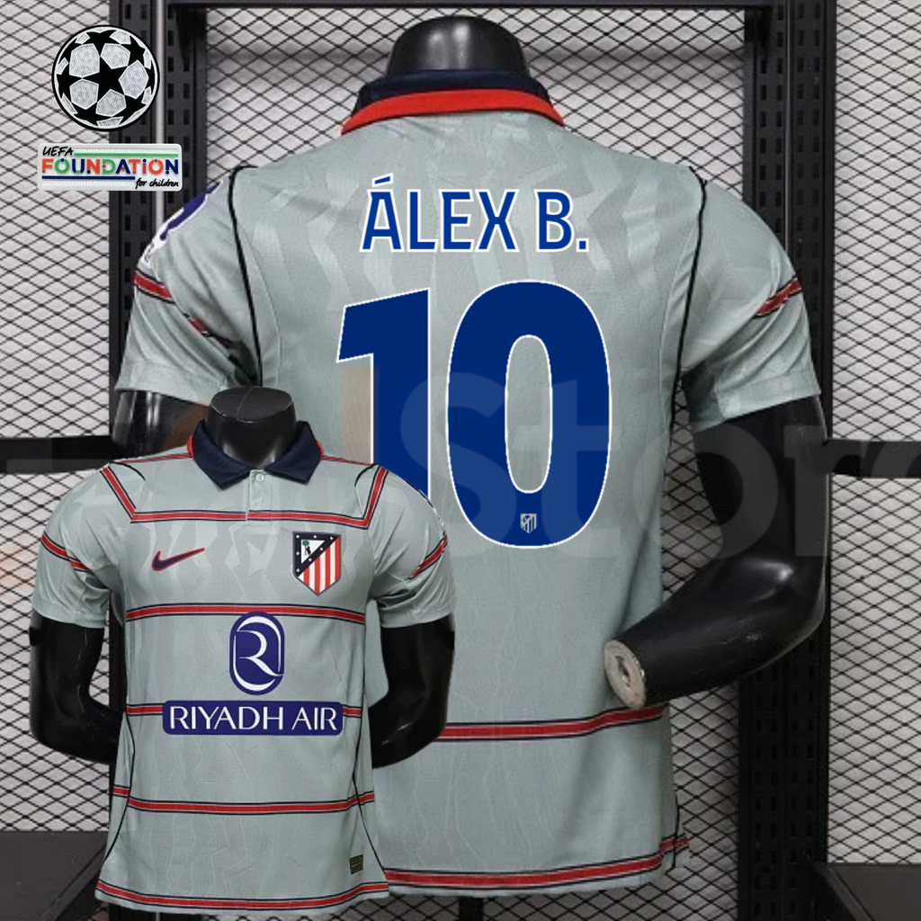 Álex B. #10. Atleti pride. Make it yours. ⚽

Stand out in the Atlético Madrid 2026–2027 third player jersey, featuring a light grey design with red horizontal stripes.

👕 Player version | Short sleeves
📏 Sizes S, M, L, XL, 2XL & 3XL
✍️ Choose Álex B. #10 or your own custom name
🏆 UCL patch option
🎁 A thoughtful gift for an Atleti supporter

Save 20%: now $33.60 instead of $42.

Choose your size, personalize your jersey and pick your patch. Tap the tagged jersey to shop.
