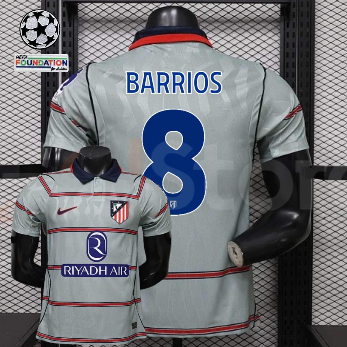 Front and back views of a light grey Atlético Madrid short-sleeve jersey with red horizontal stripes, blue Barrios number 8 print and Riyadh Air sponsor, alongside UCL graphics.