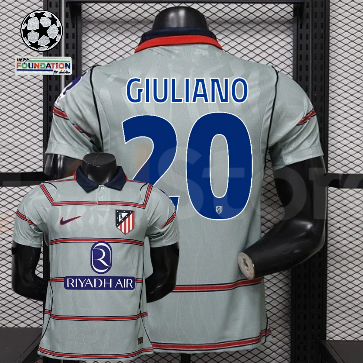 Front and back views of a light grey Atlético Madrid short-sleeve jersey with red horizontal stripes, blue Giuliano number 20 print and Riyadh Air sponsor, alongside UCL graphics.